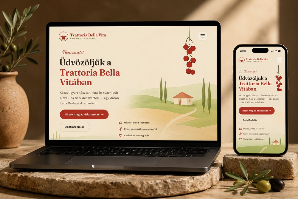 Trattoria Bella Vita weboldal előnézete laptopon és telefonon